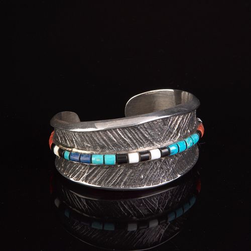 Preston Monongye, Tufa Cast Silver and Stone Inlay Cuff Bracelet
