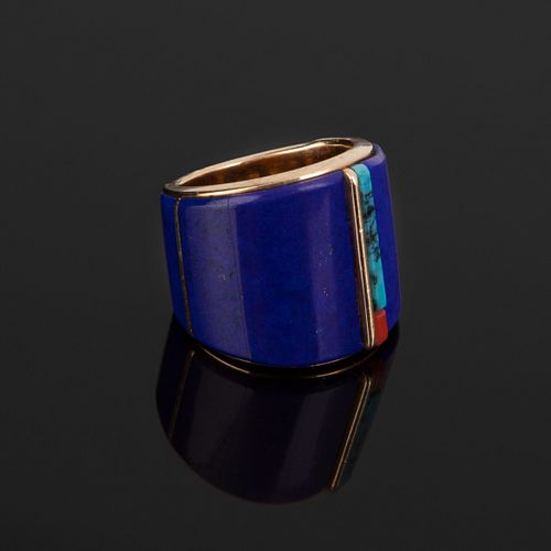 Richard Chavez, Gold, Lapis, Coral and Turquoise Ring