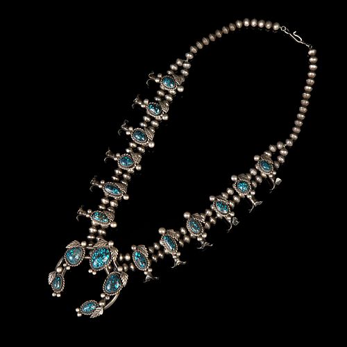 Dine [Navajo], Lander Turquoise and Silver Squash Blossom Necklace, ca. 1970