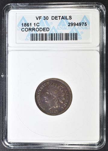 1861 INDIAN CENT  ANACS VF-30 DETAILS