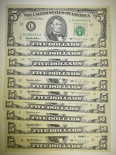 10 SERIES 1995 CRISP UNCIR $5 FR NOTES