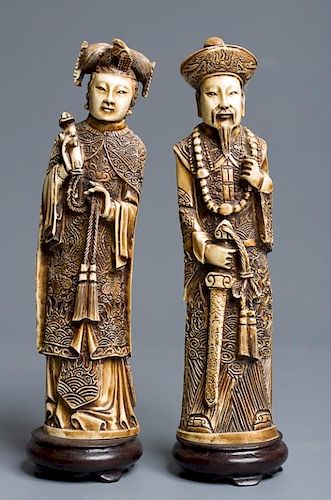 Chinese Carved Bone Emperor & Empress, Pair
