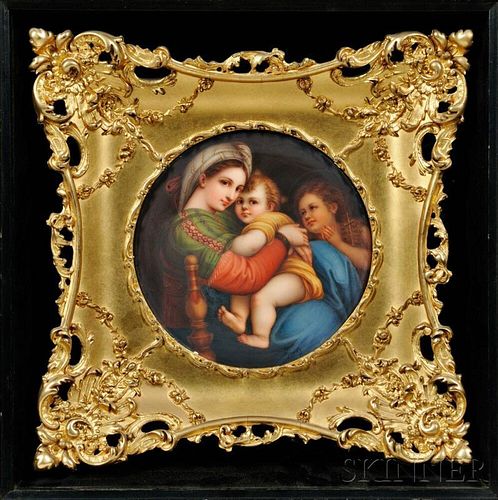 Framed German Porcelain Plate Depicting the Madonna della Sedia