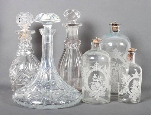 Six Continental glass dresser bottles & decanters