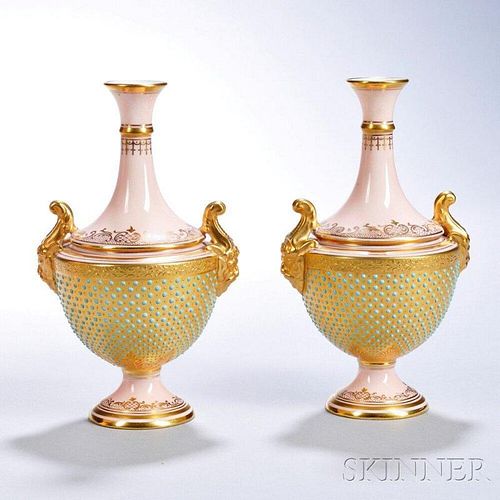 Pair of Jeweled Coalport Porcelain Vases