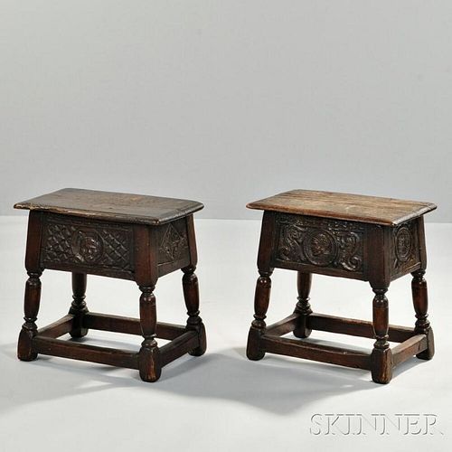 Two Carved Oak Box Joint Stools