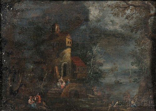 Attributed to Johannes Jakob Hartmann (Czech, 1680-1730)      Landscape with Figures and Lakeside Buildings