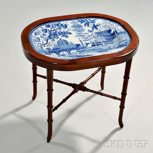 Staffordshire Blue Transfer-printed Pearlware Platter on Stand