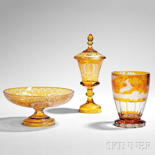 Three Pieces of Etched Amber Bohemian Glass