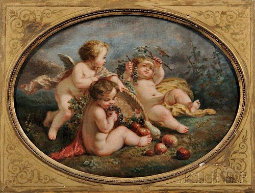 After Francois Boucher (French, 1703-1770)      Three Cherubs with Fruit and Flowers