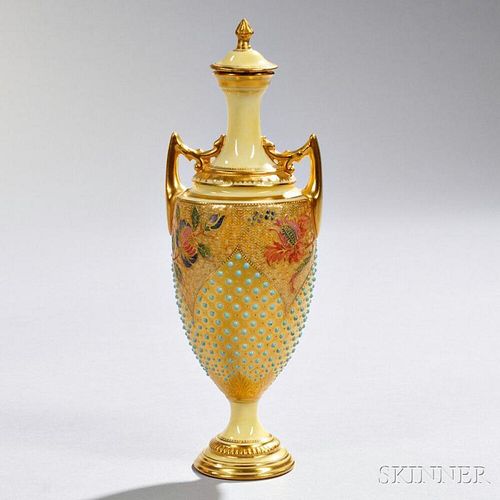 Jeweled Coalport Porcelain Vase and Cover