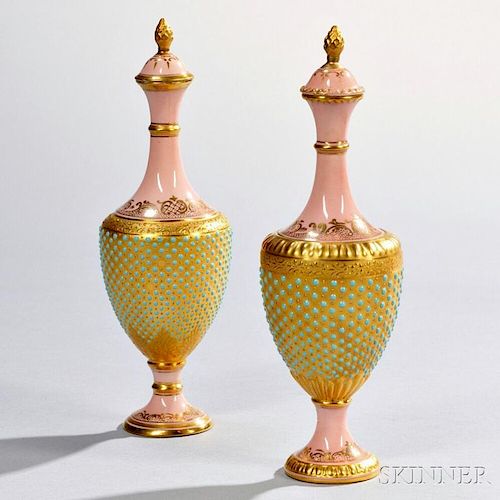 Two Similar Jeweled Coalport Porcelain Vases and Covers