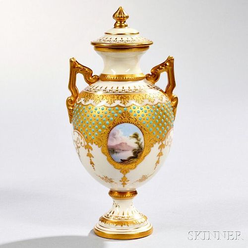 Jeweled Coalport Porcelain Scenic Vase and Cover