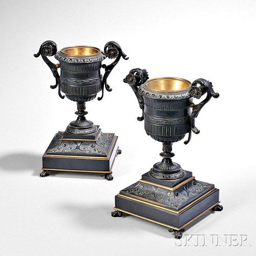 Pair of Patinated Bronze Urns