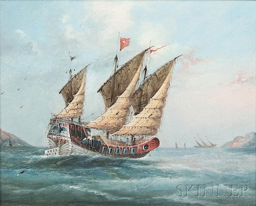 Continental and American School, 19th/20th Century, Three Oil Paintings of Sailing Vessels: Square-rigged Ship at Sea, Small Fishing Bo