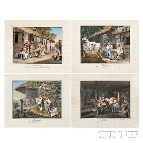 Franz Niklaus König (Swiss, 1765-1832), Four Hand-colored Engravings: Le Printems (Les chanteurs dans le Canton de Berne), LEte (Lheu
