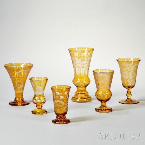 Six Bohemian Amber Etched Glass Vases