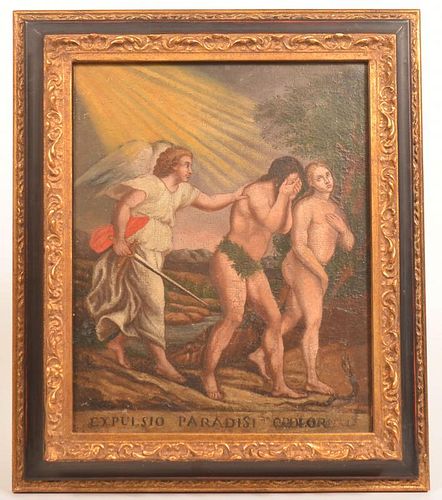 Antique Expulsion of Adam and Eve Painting.