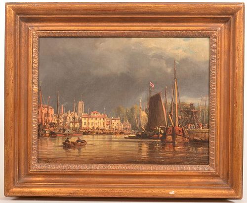 European Harbor Scene Oil on Canvas Painting.