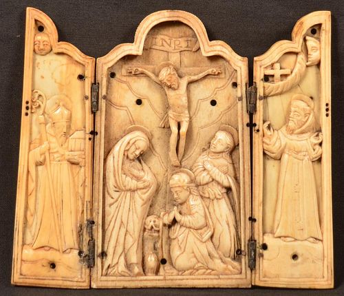Continental 18th/19th C. Ivory Carved Triptych.