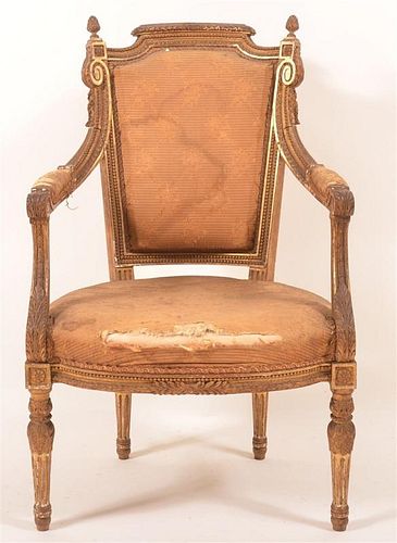 French Louis XVI Carved & Gilt Frame Armchair.