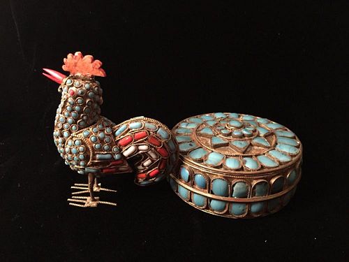 VINTAGE TURQUOISE MOUNTED BRASS BOX  AND TURQUOISE AND RED CORAL BEAD MOUNTED BRASS FIGURE OF A BIRD