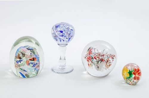 Two Glass Flower Paperweights, a Wig Stand, and a Scramble Weight