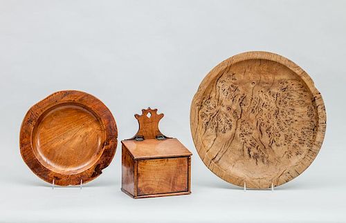 Two Turned Wood Plates and a Walnut Salt Box with Sloping Lid