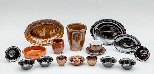 Rowe Pottery Works Blue-Glazed Pitcher, a Large "Concrete" Glazed Pitcher and Fourteen Brown-Glazed Pottery Articles