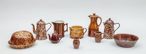 Six Brown Spongeware Pottery Articles and Five Brown-Glazed Pottery Articles