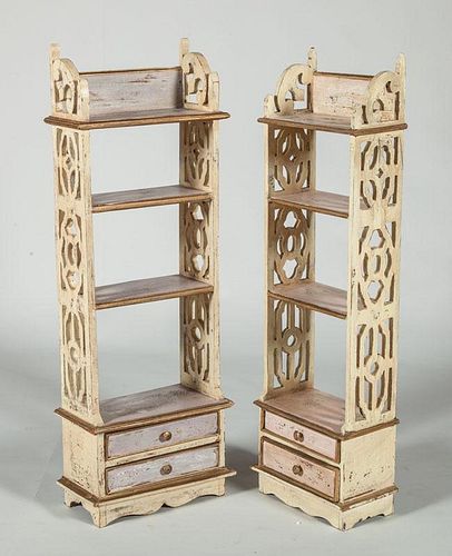 Pair of Victorian Style White and Gold Painted Standing Shelves