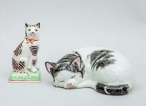 Glazed Pottery Figure of a Sleeping Cat and a Pottery Cat-Form Vase