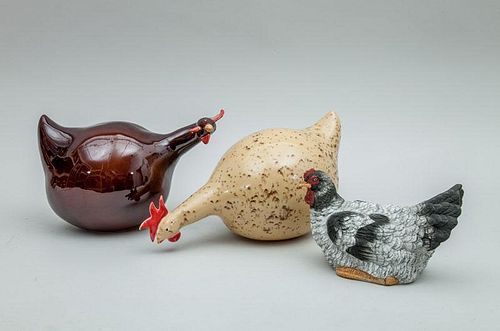 Two Longchamps Glazed-Pottery Figures of Hens and another Pottery Figure of a Hen