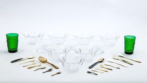 Set of Seven Glass Bowls, Three Footed Bowls, Two Molded Glass Tumblers and a Group of Bone Spoons