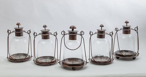 Set of Five Modern Indian Brushed Copper Lanterns