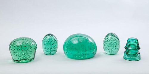 Four Green Glass Paperweights with Bubbles