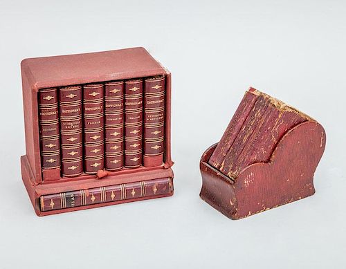 Set of Six Gold-Tooled Leather Bound Miniature Dictionaries and Matching Atlas