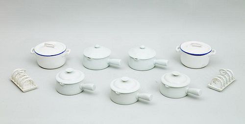 Five French Glazed-Faience Soup Bowls with Single Handles, Two Italian Two-Handled Bowls, and Two English Pottery Toast Racks