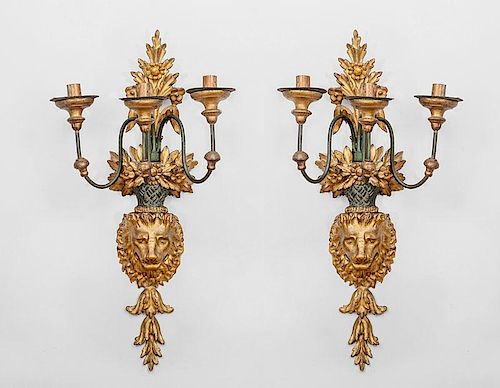 Pair of Austrian Neoclassical Style Carved, Painted and Giltwood Three-Light Wall Sconces