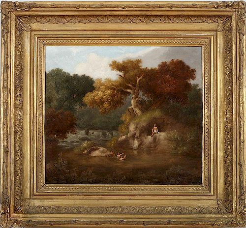 Attributed to Henry Warren (1794-1879): Bathers in a Wooded Landscape