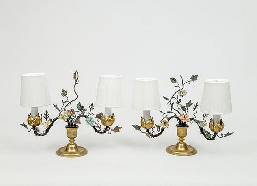 Pair of Louis XV Style Brass and Tôle Two-Light Candelabra