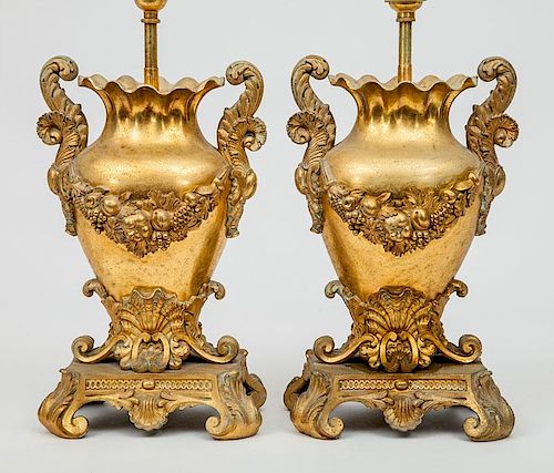 Pair of Louis XV Style Gilt-Metal Urns, Mounted as Lamps