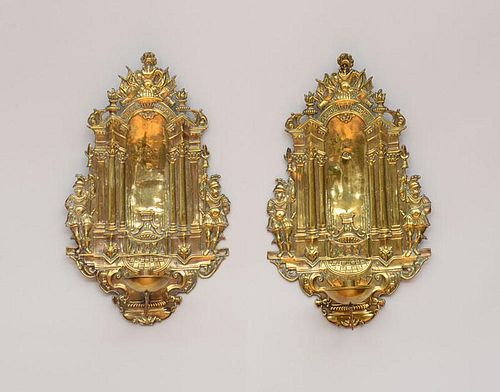 Pair of Dutch Late Baroque Repoussé Brass Single-Light Sconces