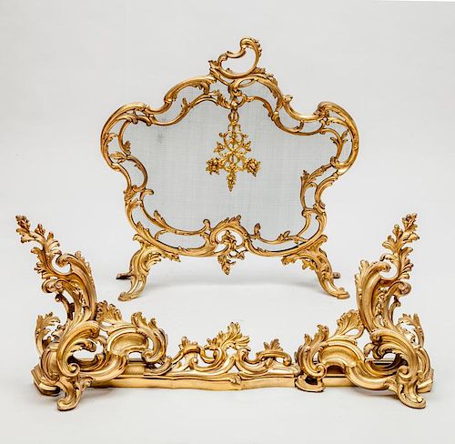 Pair of Louis XV Style Gilt-Metal Chenets and a Trestle Screen