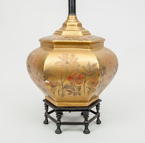 Chinoiserie Floral-Decorated Gilt-Ground Pottery Hexagonal Urn Lamp