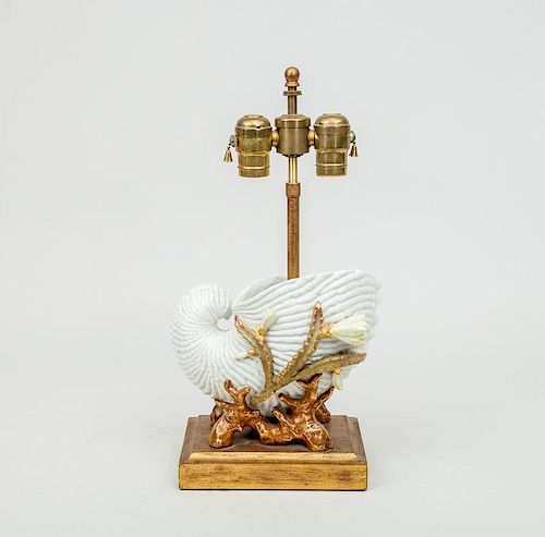 Royal Worcester Porcelain Nautilus Shell, Mounted as Lamp