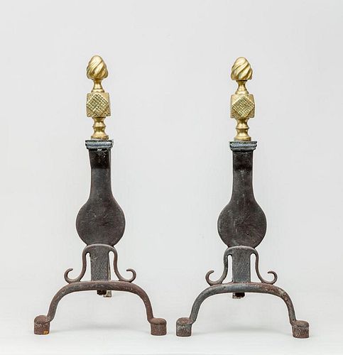 Pair of Brass and Wrought-Iron Andirons