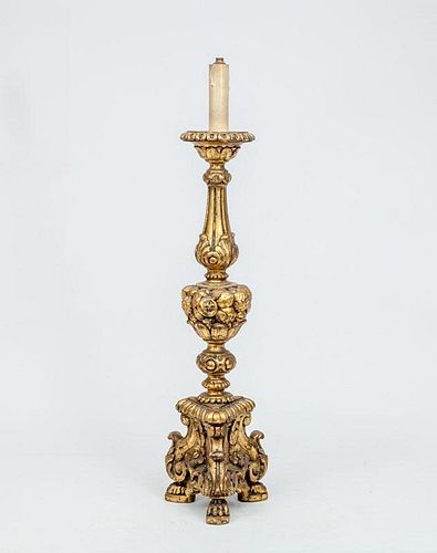 Italian Baroque Style Carved Giltwood Pricket Stick, Mounted as a Lamp