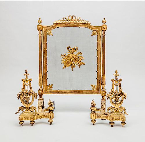 Pair of Louis XVI Style Gilt-Bronze Chenets and a Louis XVI Style Trestle Fire Screen