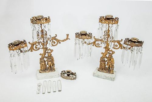 Pair of Victorian Prism Glass-Hung Gilt-Metal Three-Light Candelabra